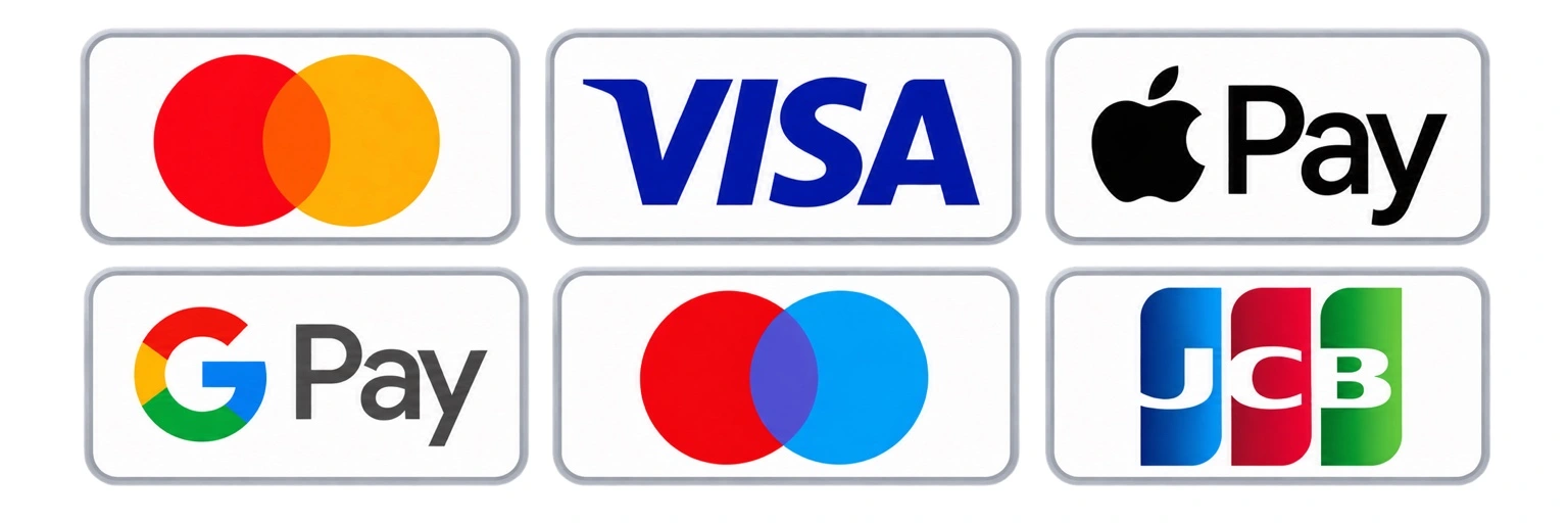 Mastercard, Visa, Apple Pay, Google Pay, Maestro and JCB